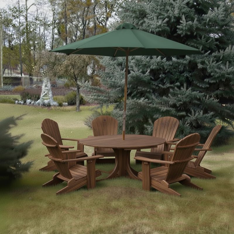 Royal Picnic Set for 6 under a green umbrella on grass - poly luxe - woodgrain brazilian walnut