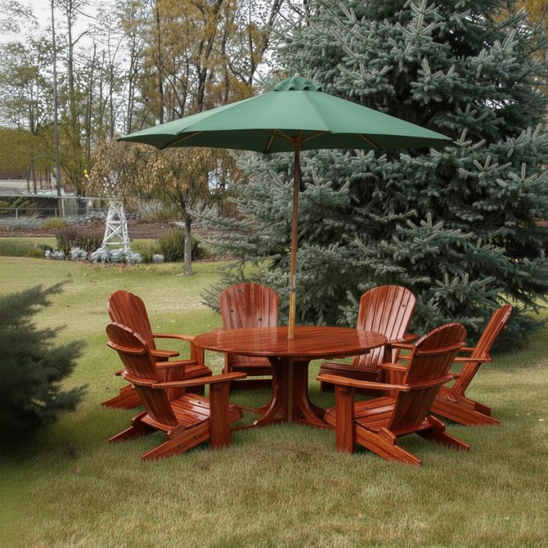 Royal Picnic Set for 6 under a green umbrella in a garden setting - knotted cedar - mahogany glossy