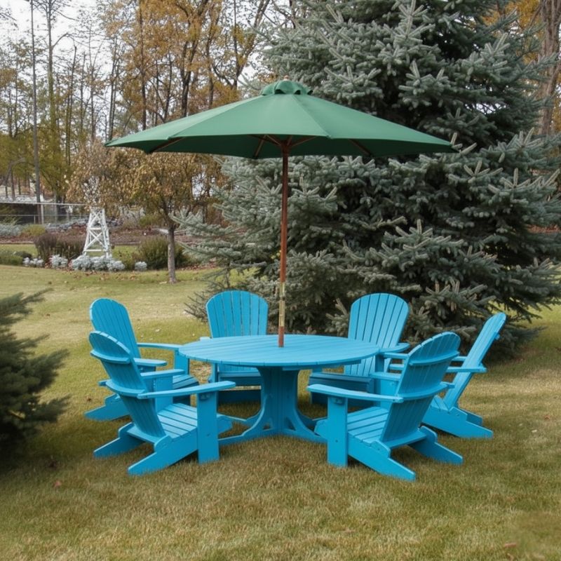 Aruba blue Royal Picnic Set for 6 under a green umbrella in a garden setting.
