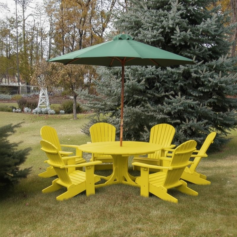 Yellow Royal Picnic Set for 6 with green umbrella on grassy area with trees in the background