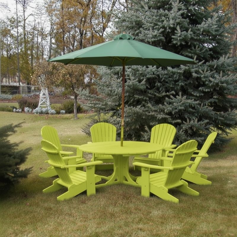 Lime green Royal Picnic Set for 6  with a matching umbrella in a garden setting.