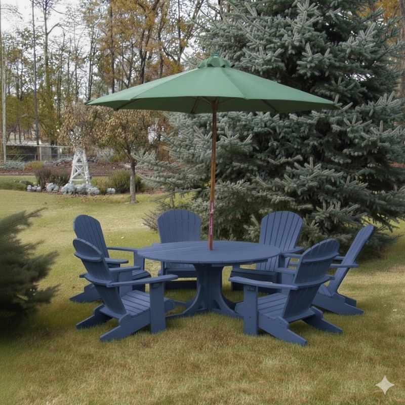Blue Royal Picnic Set for 6 set under green umbrella in a garden setting.