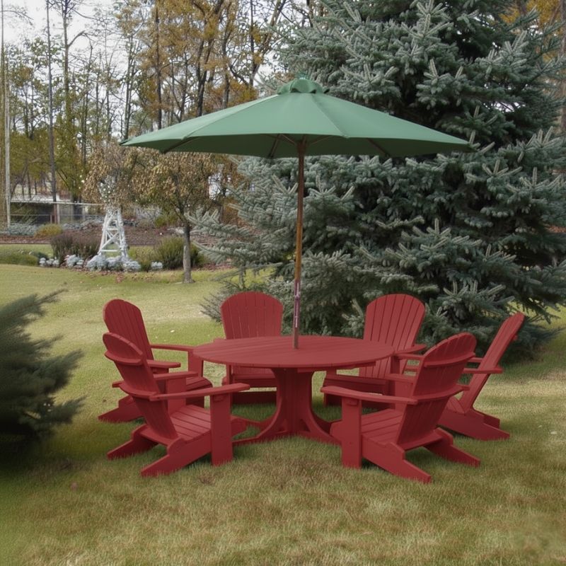Red Royal Picnic Set for 6 with green umbrella on a grassy area with trees in the background