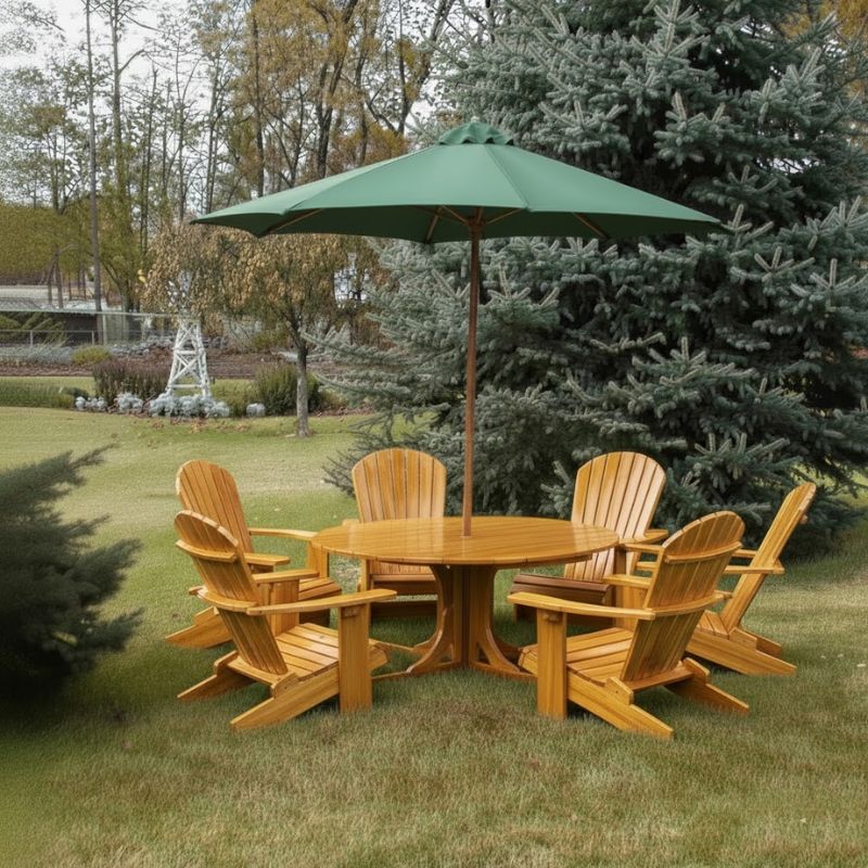 Royal Picnic Set for 6 under a green umbrella in a garden setting - clear cedar - golden glossy