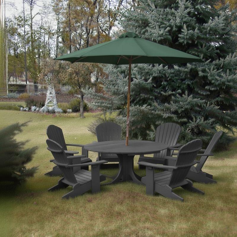 Dark grey Royal Picnic Set for 6 under a green umbrella in a garden setting.