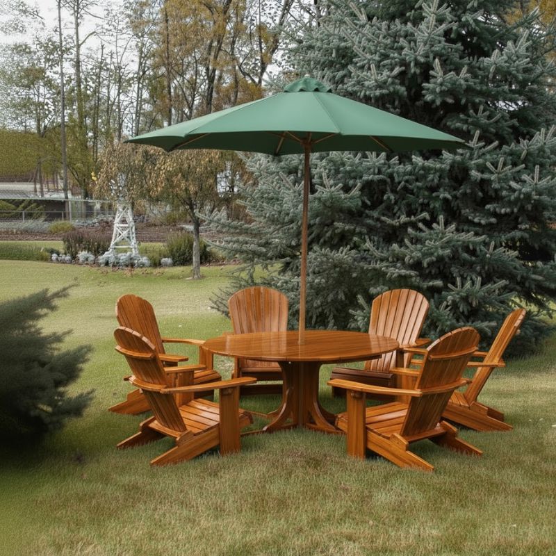 Royal Picnic Set for 6 under a green umbrella in a garden setting - clear cedar - caramel glossy