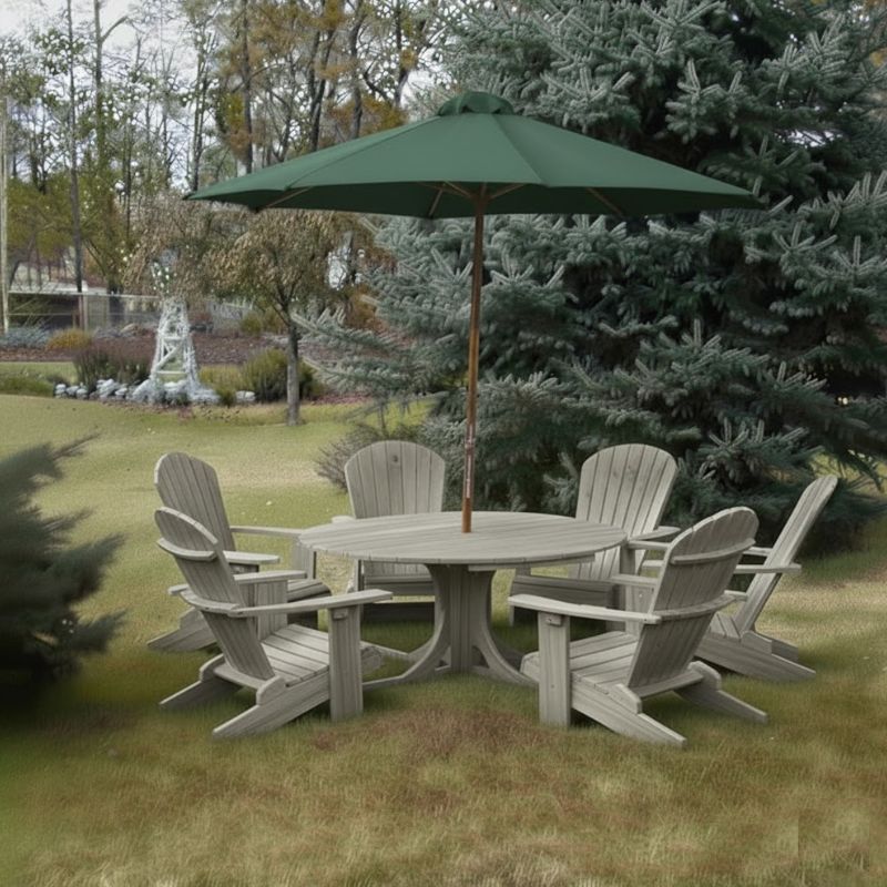 Royal Picnic Set for 6 under a green umbrella on grass - poly luxe - woodgrain driftwood grey