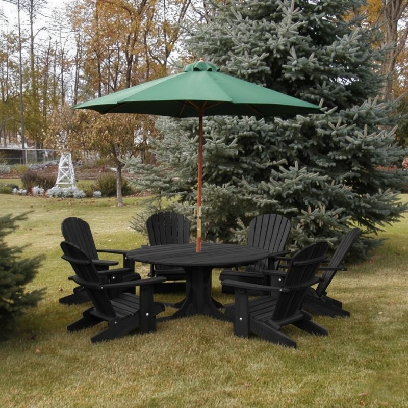 Black Royal Picnic Set for 6 under a green umbrella in a garden setting.
