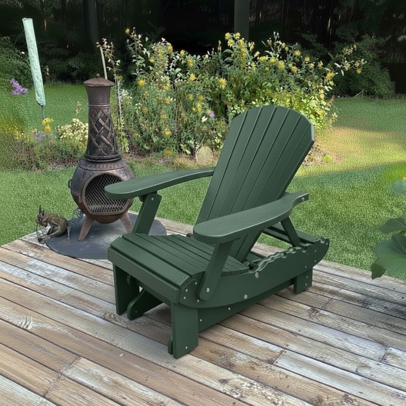 Royal Reclining Glider on a wooden deck with a garden background - poly luxe - turf green