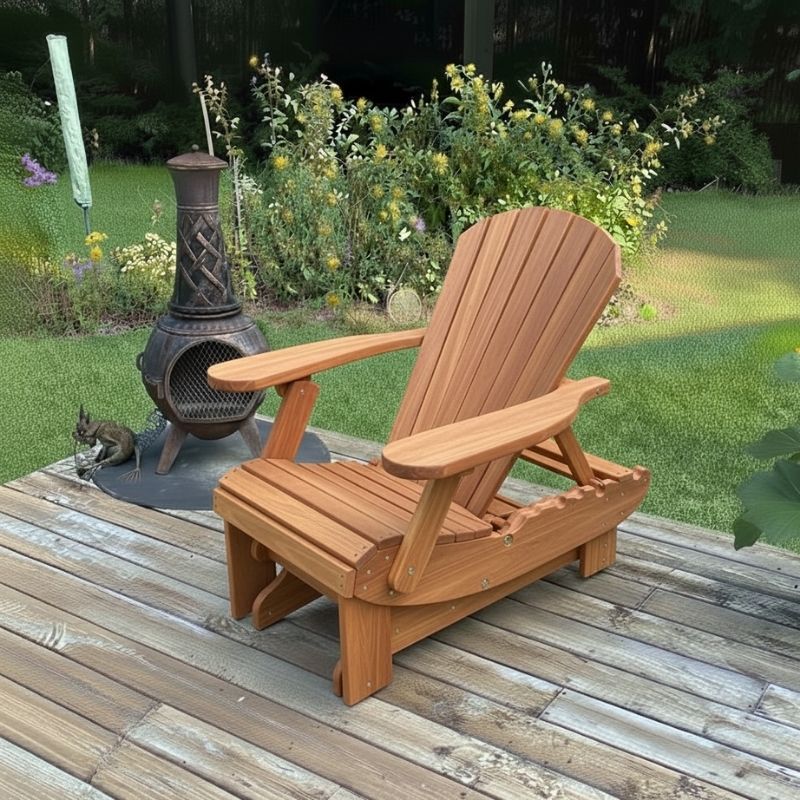 Royal Reclining Glider on a wooden deck with a garden background - poly luxe - cedar