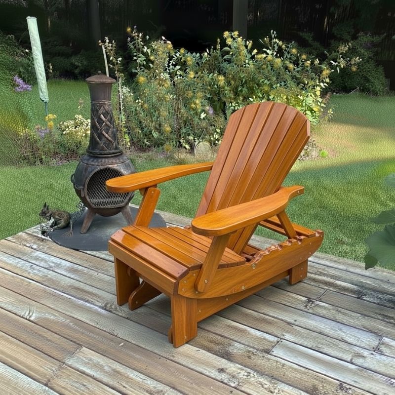 Royal Reclining Glider on a wooden deck with a garden and fire pit in the background - golden glossy