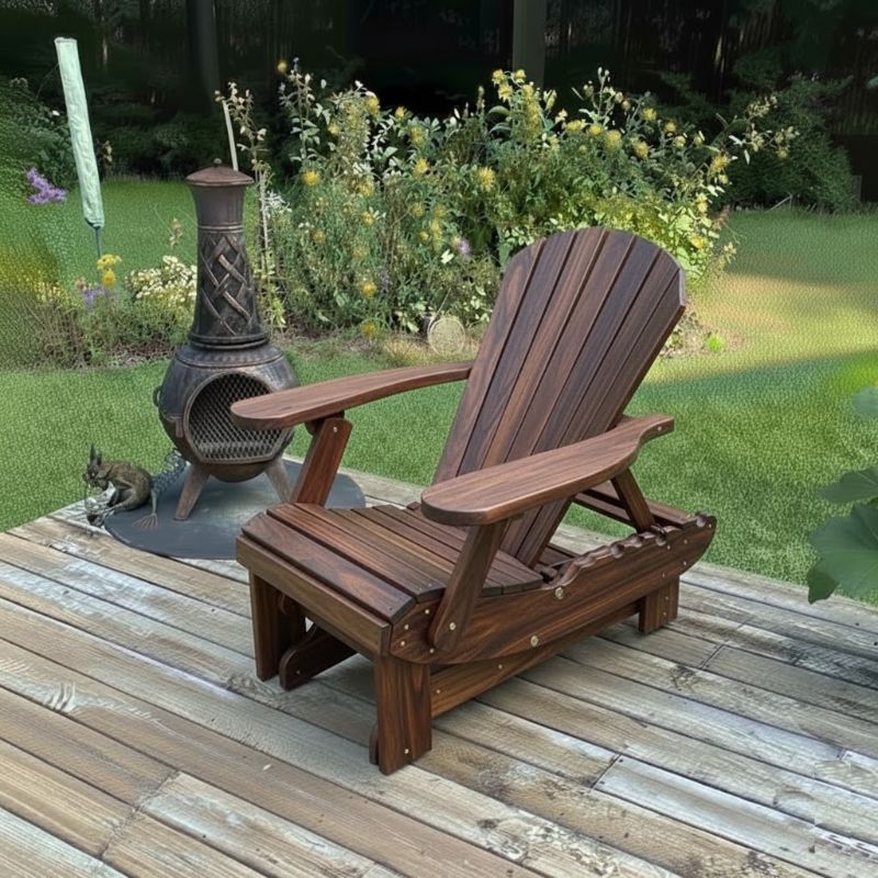 Royal Reclining Glider on a wooden deck with a garden background - woodgrain brazilian walnut