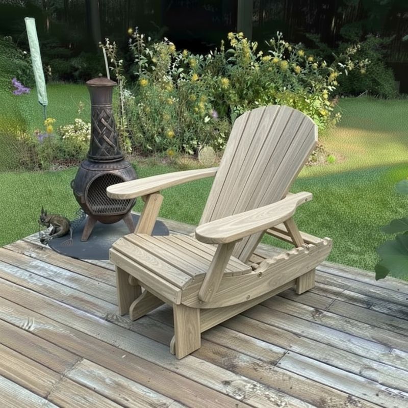 Royal Reclining Glider on a wooden deck with a garden background - woodgrain driftwood grey