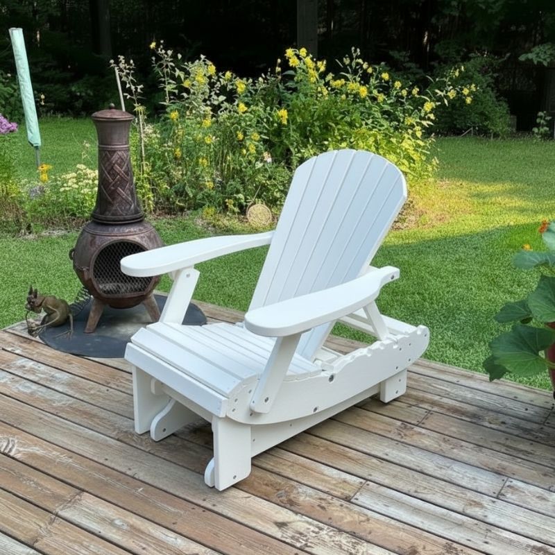 Royal Reclining Glider on a wooden deck with a garden background - poly luxe - white