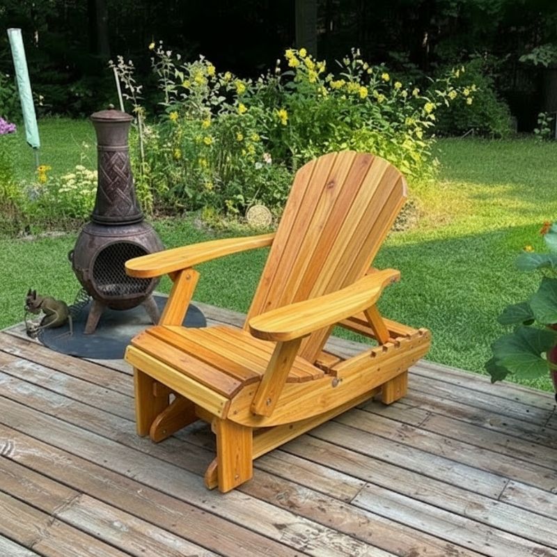 Royal Reclining Glider on a wooden deck with a garden and chiminea in the background - knotted cedar - golden glossy