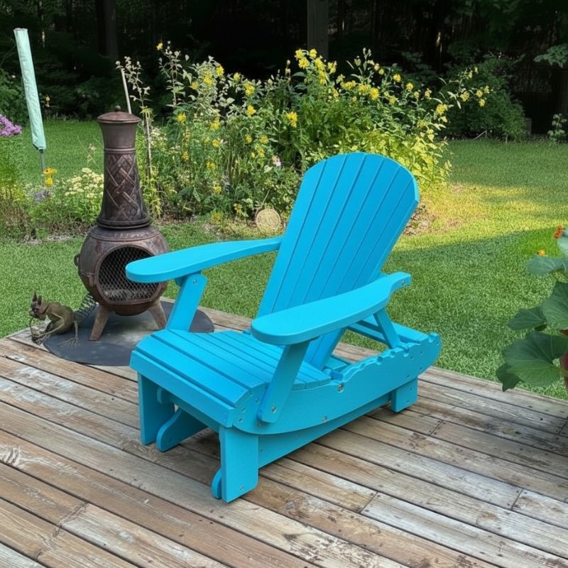 Royal Reclining Glider on a wooden deck with a garden background - poly luxe - aruba blue