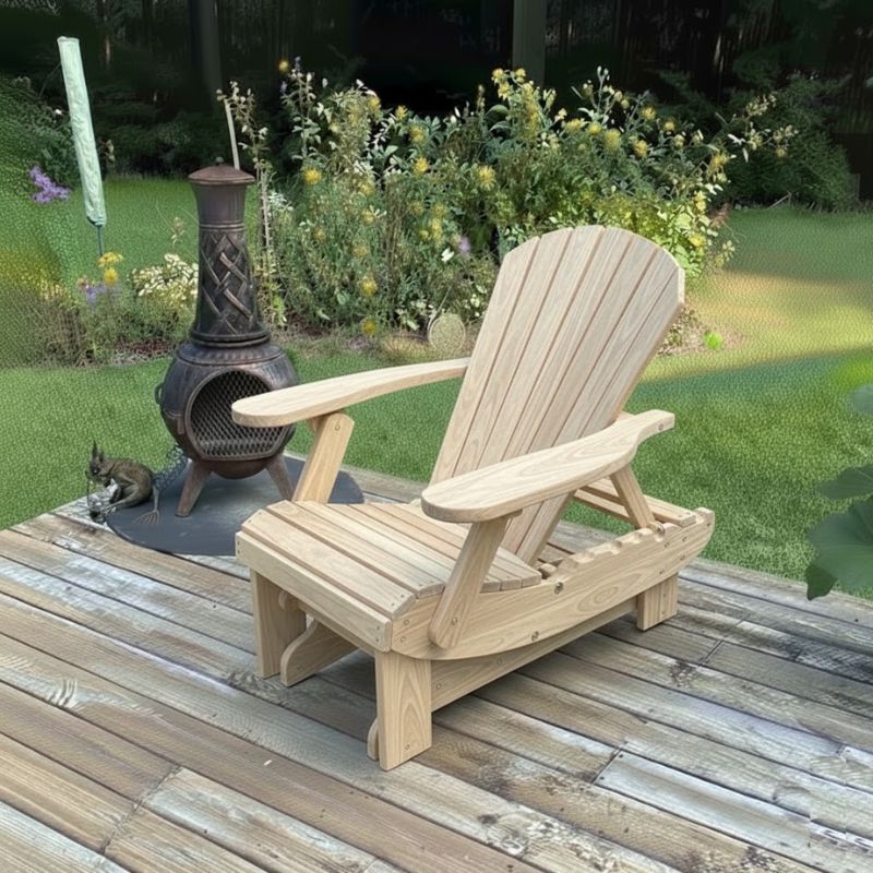 Royal Reclining Glider on a wooden deck with a garden background - woodgrain birchwood