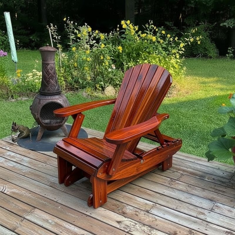 Royal Reclining Glider on a wooden deck with a garden and chiminea in the background - knotted cedar - mahogany glossy