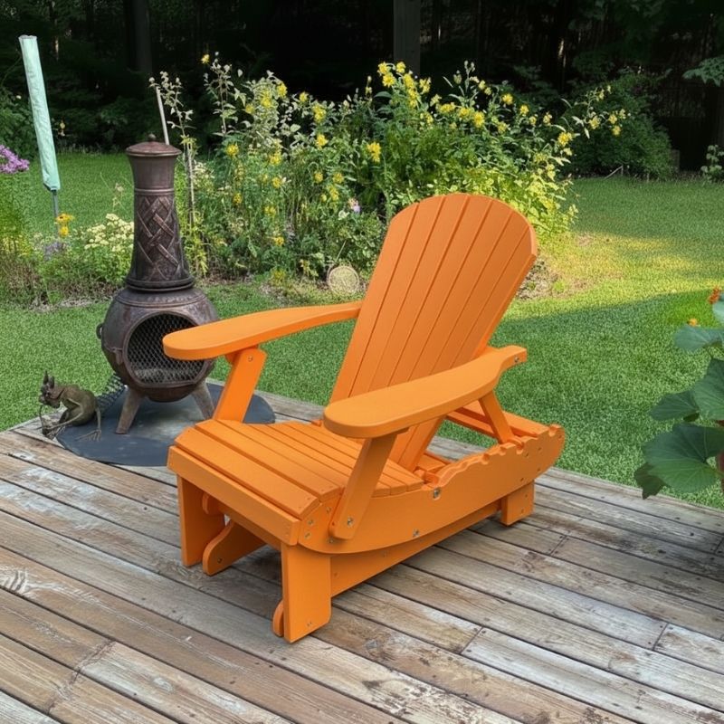 Royal Reclining Glider on a wooden deck with a garden background - poly luxe - orange
