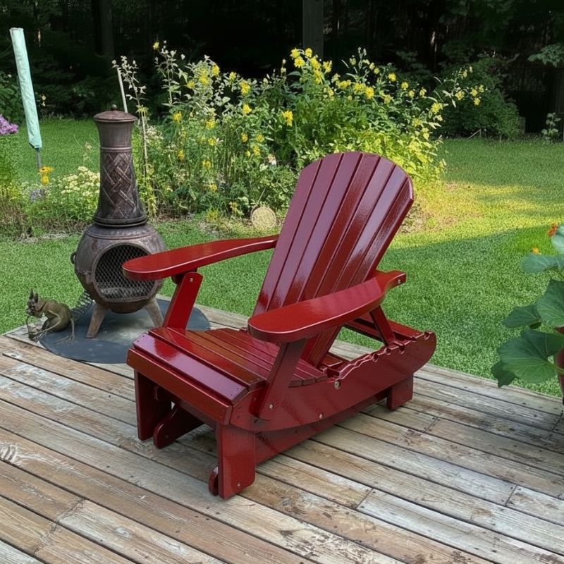 Royal Reclining Glider on a wooden deck with a garden and chiminea in the background - clear cedar - mahogany glossy