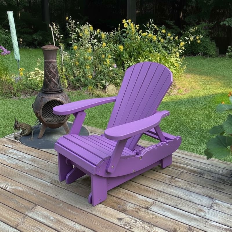 Royal Reclining Glider on a wooden deck with a garden background - poly luxe - purple
