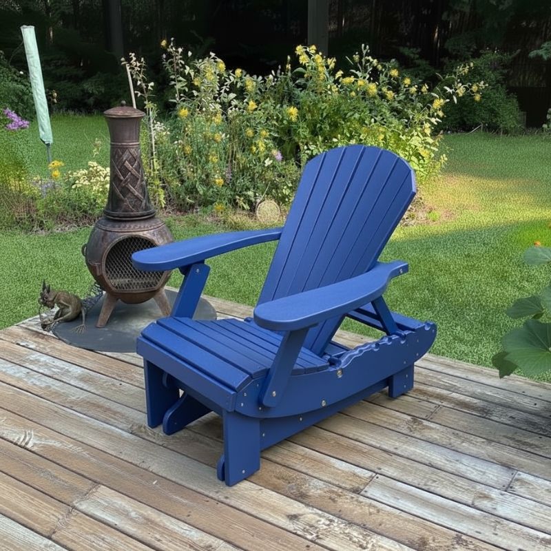 Royal Reclining Glider on a wooden deck with a garden background - poly luxe - blue