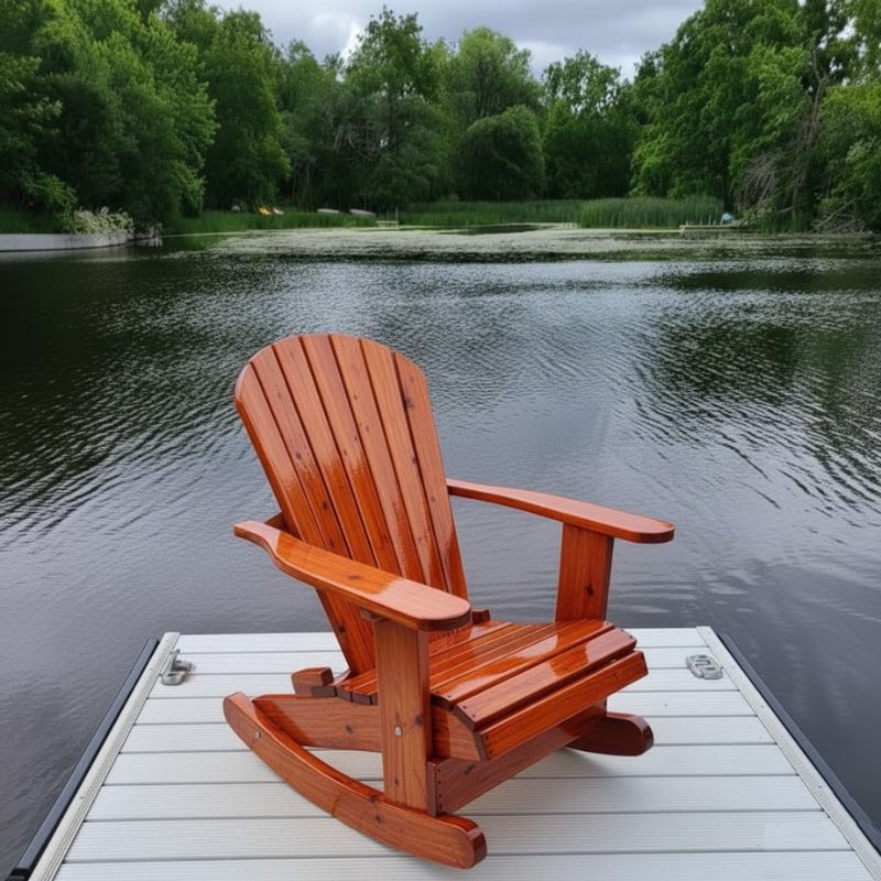 Royal Rocking Adirondack Chair (Large) on a dock by a calm lake with trees in the background - knotted cedar -  mahogany glossy