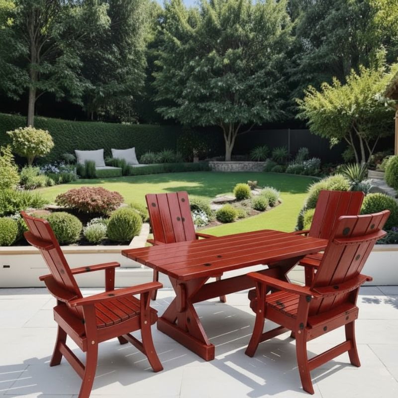 Modern Dining Set for 4 with 6' Table on a patio, surrounded by greenery - knotted cedar - mahogany glossy
