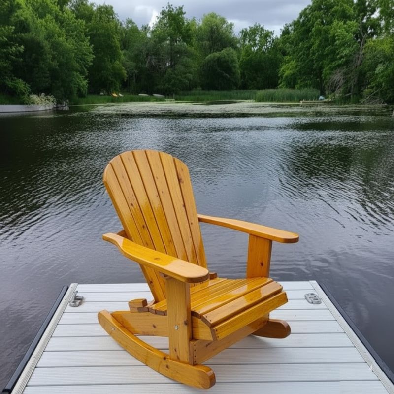 Royal Rocking Adirondack Chair (Large) on a dock by a calm lake with trees in the background - knotted cedar -  goden glossy