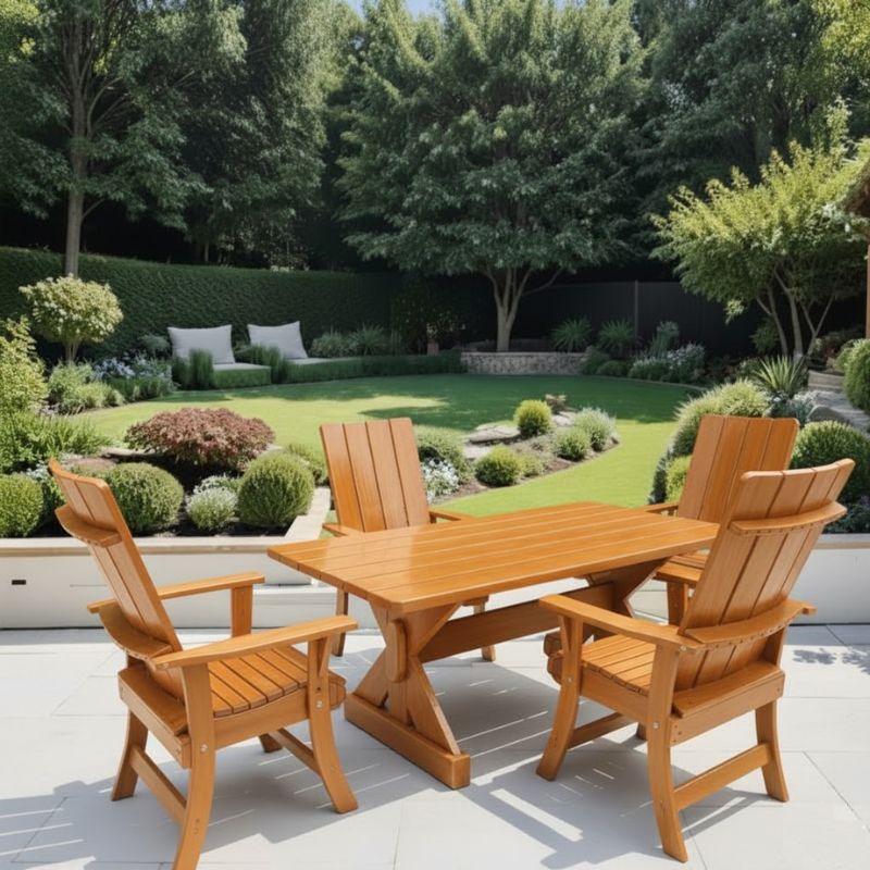 Modern Dining Set for 4 with 6' Table in a garden setting - clear cedar - golden glossy