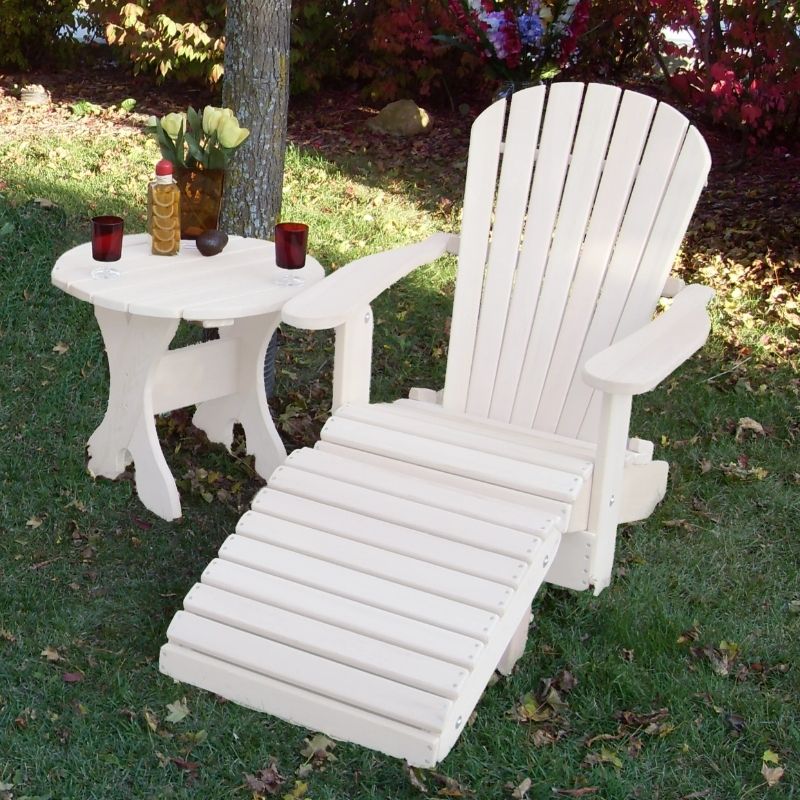 White Poly-Luxe 100% Recycled Plastic Royal Single Patio Set, 1 Adirondack Royal Chair, 1 Royal Adirondack Footstool Ottoman and 1 Adirondack 24" Round Table www.thebestadirondackchair.com