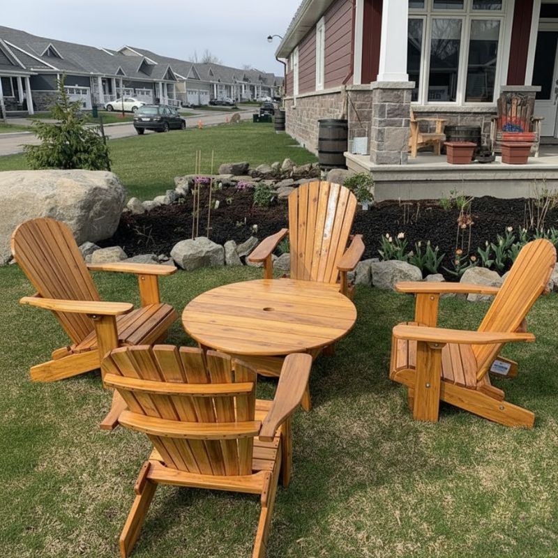 Royal Social Set for 4 set on a grassy lawn in front of a house - knotted cedar - golden glossy