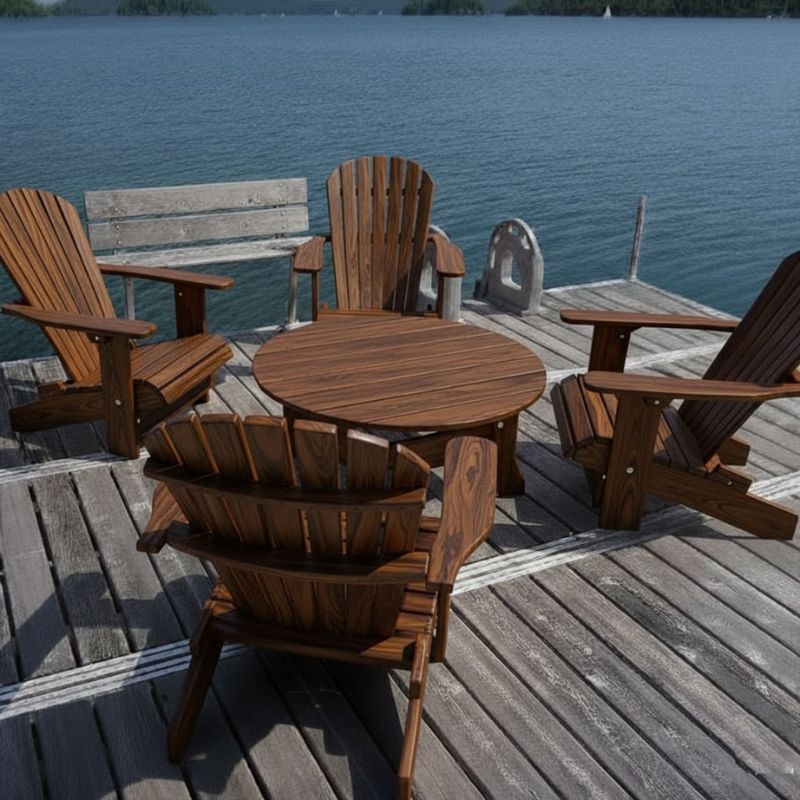 Royal Social Set for 4 on a dock by a body of water - poly luxe - woodgrain brazilian walnut