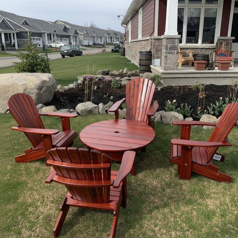 Royal Social Set for 4 set on a grassy lawn in front of a house - knotted cedar - mahogany glossy