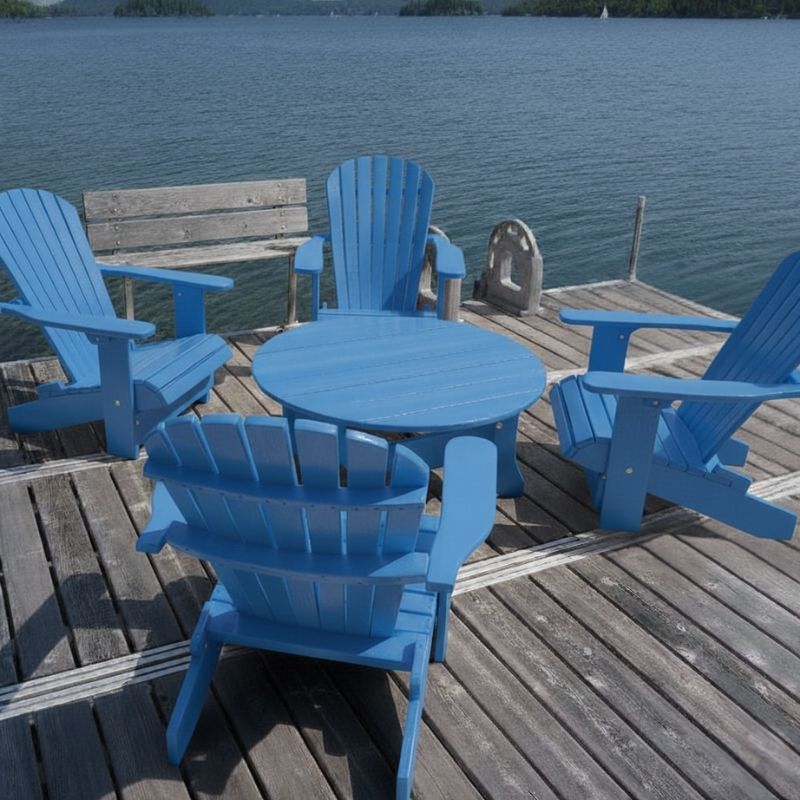 Blue Royal Social Set for 4 on a wooden dock by a lake