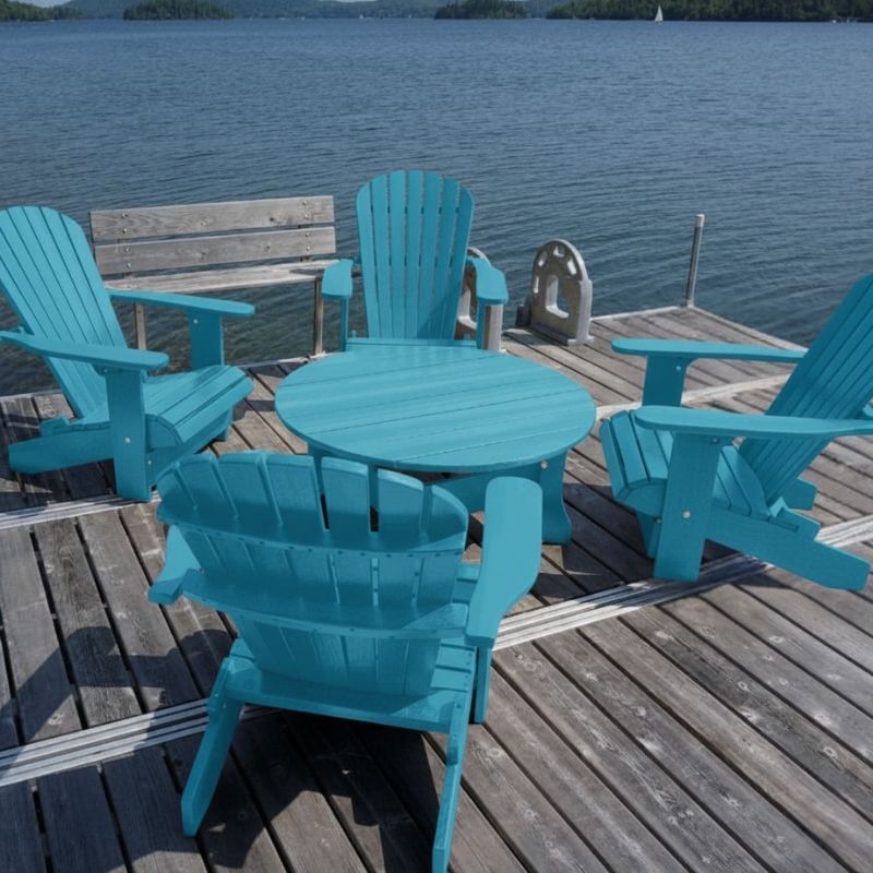 Aruba blue Royal Social Set for 4 on a wooden deck by a lake.