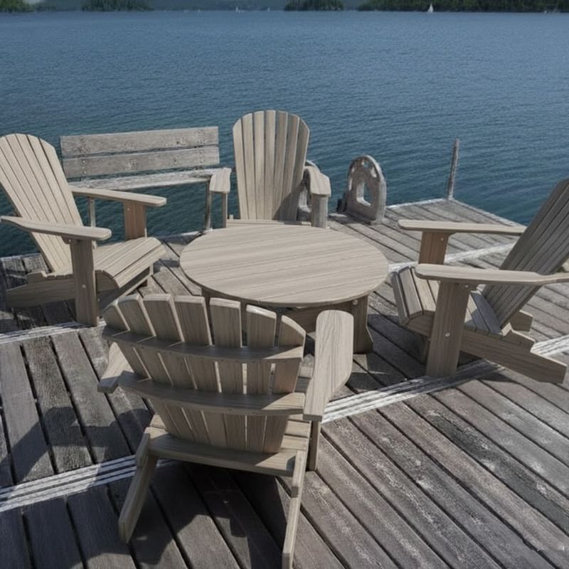 Royal Social Set for 4 on a dock by a body of water - poly luxe - woodgrain driftwood grey