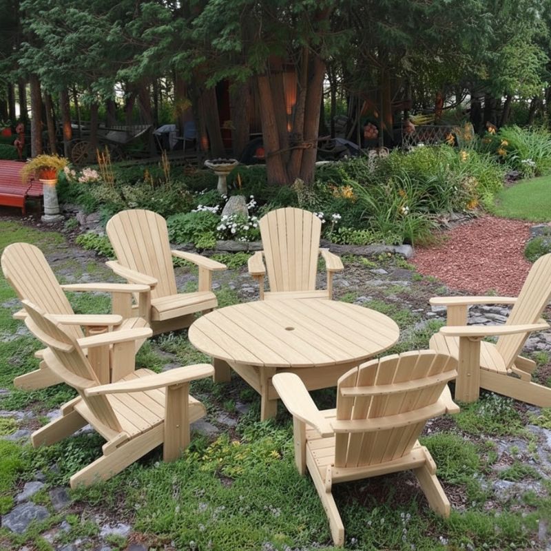 Royal Social Set for 6in a garden setting with trees and plants in the background - poly luxe - woodgrain birchwood