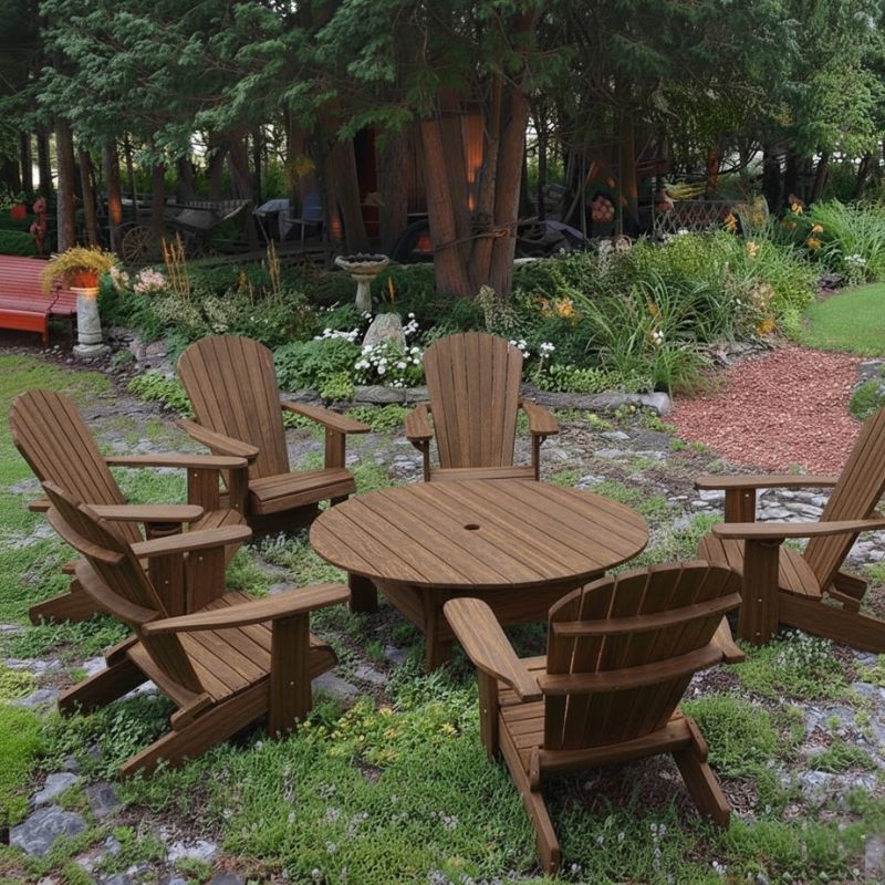 Royal Social Set for 6in a garden setting with trees and plants in the background - poly luxe - woodgrain brazilian walnut