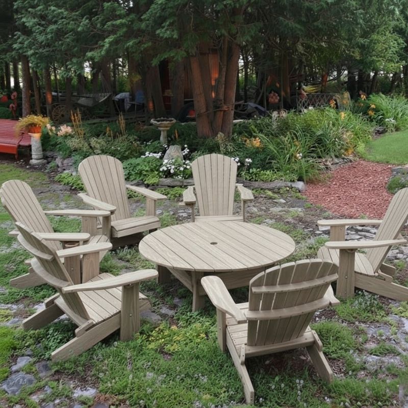 Royal Social Set for 6in a garden setting with trees and plants in the background - poly luxe - woodgrain diftwood grey