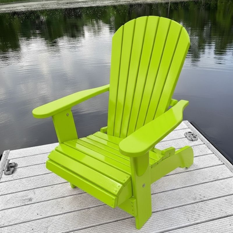 Adirondack chair on a wooden dock by a body of water - poly luxe - lime green