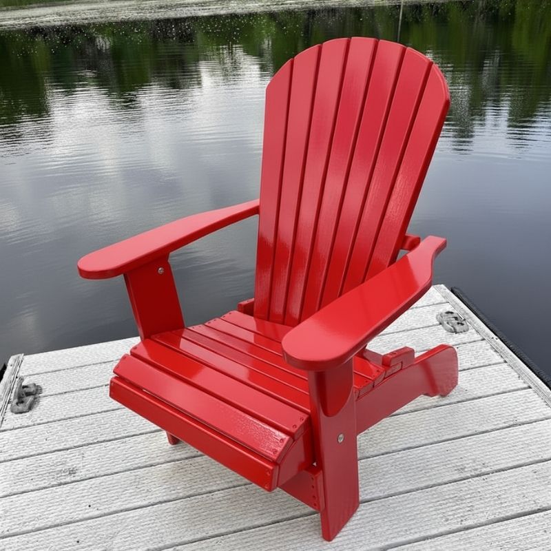 Adirondack chair on a wooden dock by a body of water - poly luxe - red