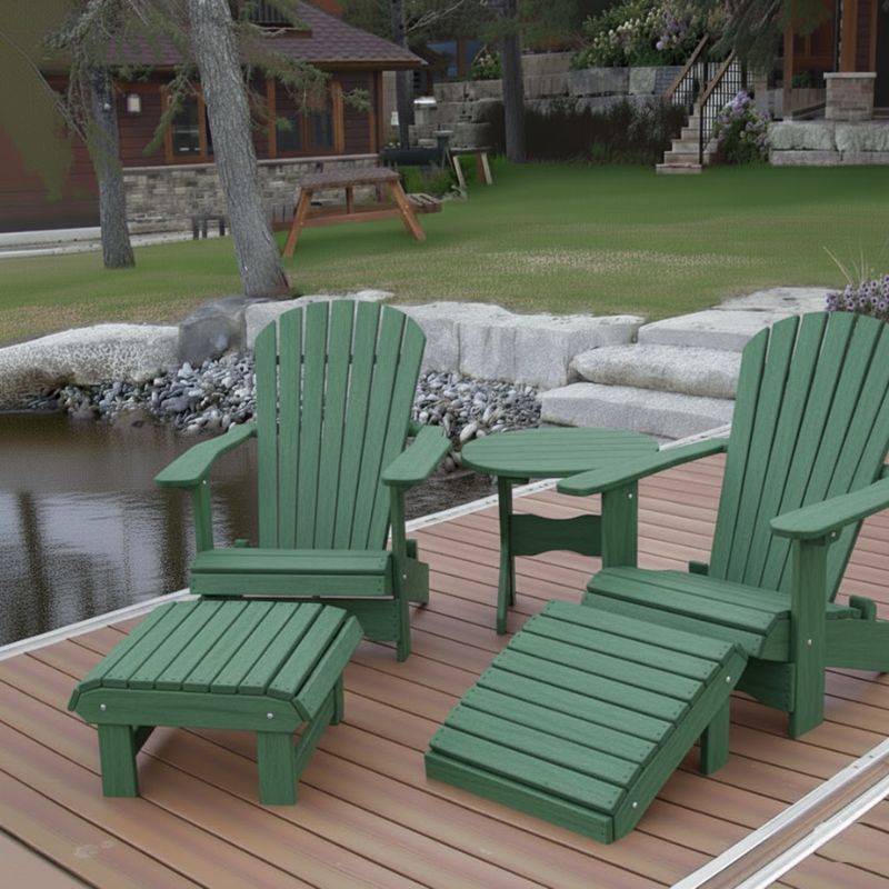 Royal Complete Patio Set on a wooden deck by a pond with a cabin in the background - poly luxe - turf green