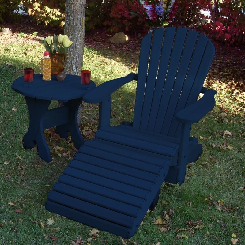 Patriot Blue Poly-Luxe 100% Recycled Plastic Royal Single Patio Set, 1 Adirondack Royal Chair, 1 Royal Adirondack Footstool Ottoman and 1 Adirondack 24" Round Table www.thebestadirondackchair.com