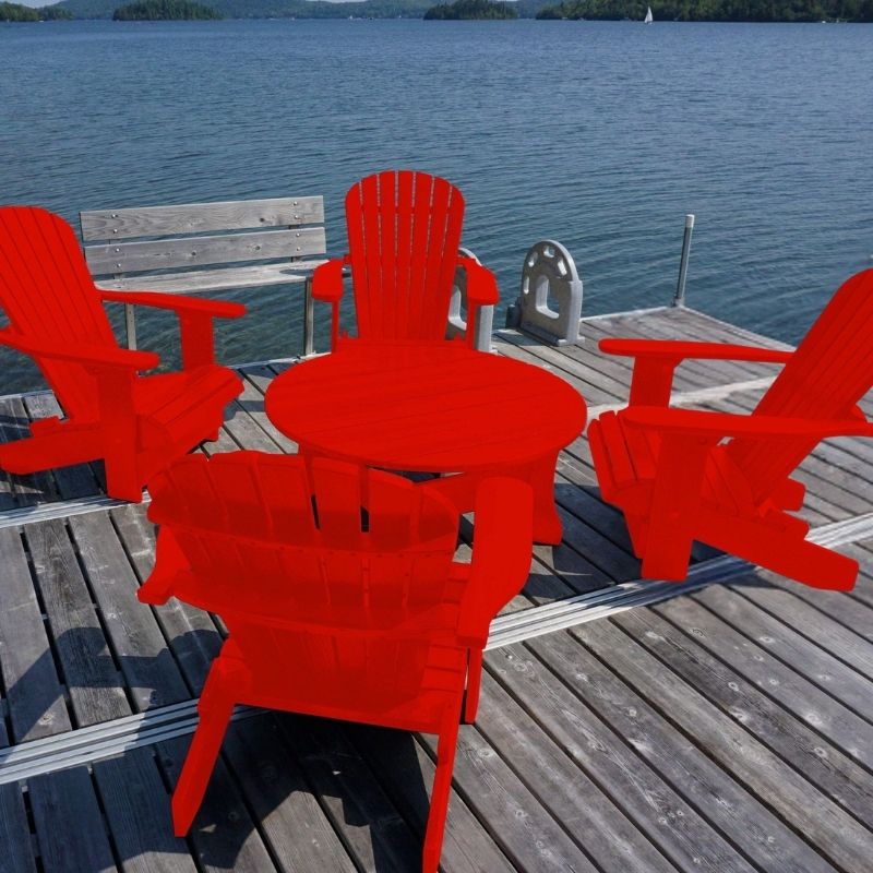 red adirondack chairs and coffee table