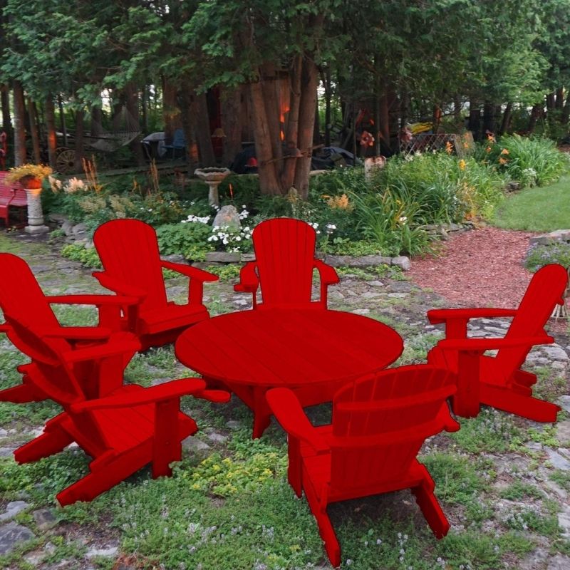 red Adirondack chair set with coffee table