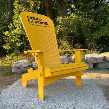 Yellow Traditional Giant with 'Cosmo Camping Thousand Islands' branding in a natural setting.