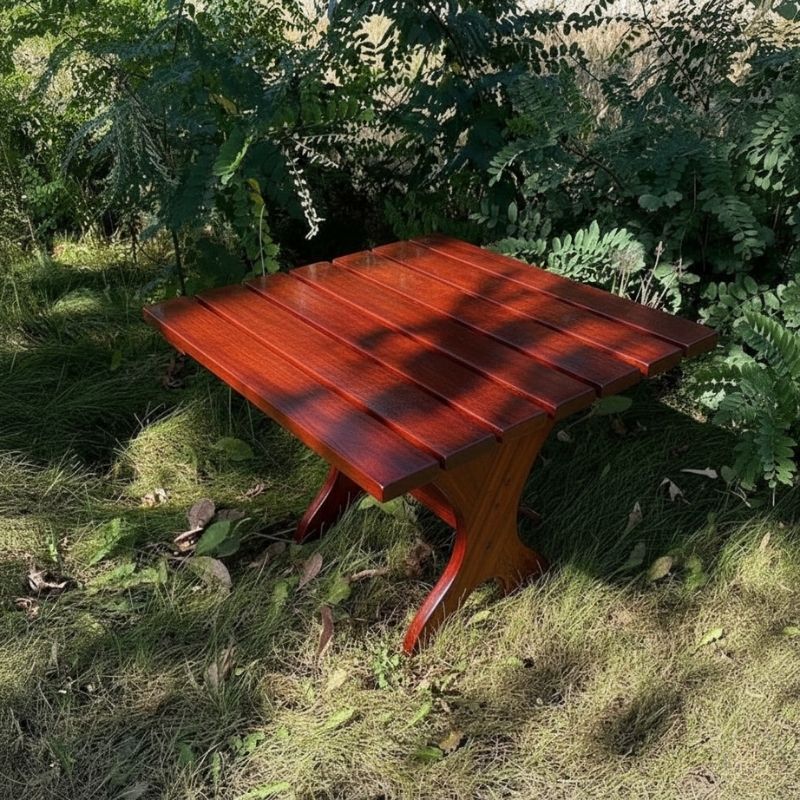 24" Square Side Table in a natural outdoor setting with greenery - knotted cedar - mahogany glossy