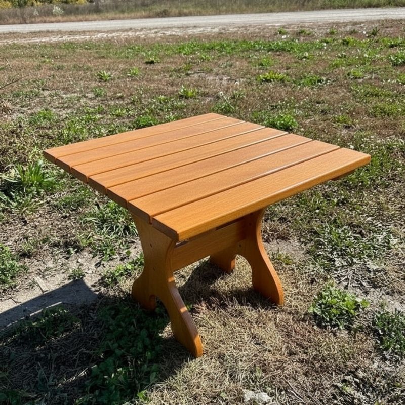 24" Square Side Table in a natural outdoor setting with greenery - clear cedar - golden glossy