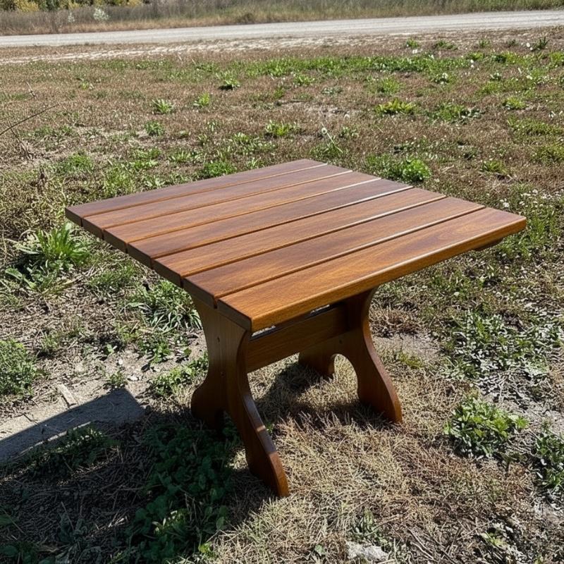 24" Square Side Table in a natural outdoor setting with greenery - clear cedar - caramel glossy